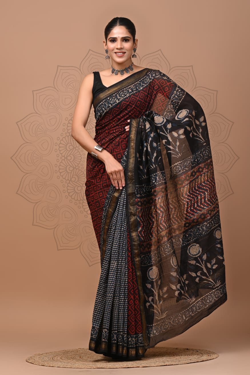 Exclusive Hand Block Printed Maheshwari Silk Saree (SWSRMAH01)