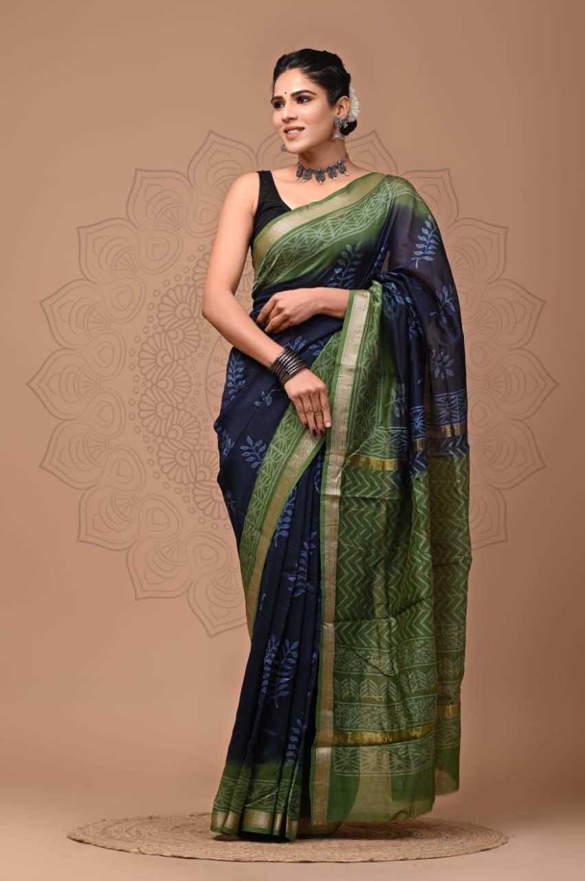 Exclusive Hand Block Printed Maheshwari Silk Saree (SWSRMAH01)