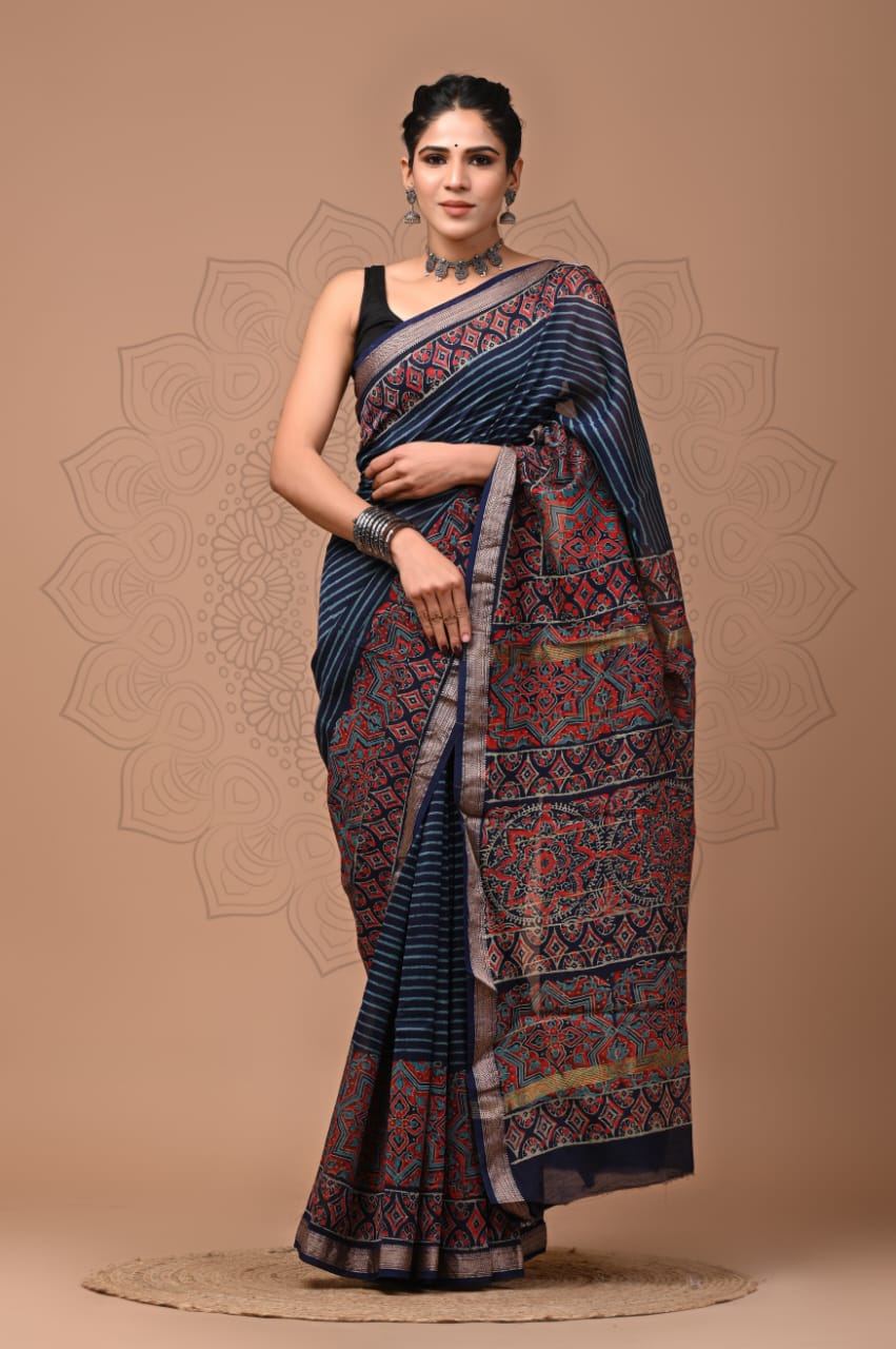 Exclusive Hand Block Printed Maheshwari Silk Saree (SWSRMAH01)