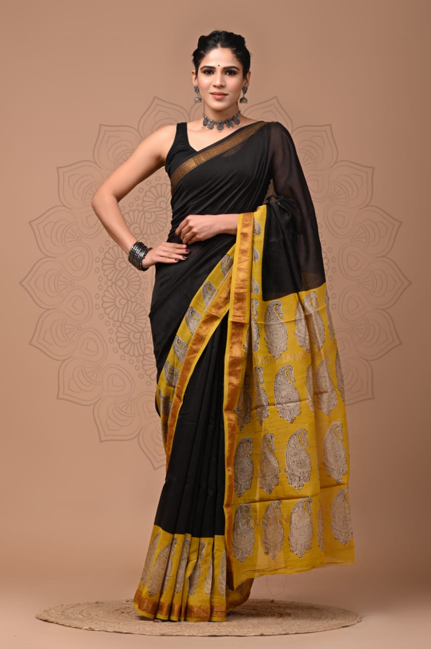 Exclusive Hand Block Printed Maheshwari Silk Saree (SWSRMAH01)