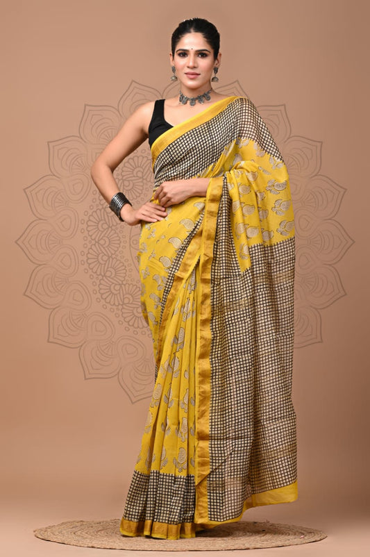 Exclusive Hand Block Printed Maheshwari Silk Saree (SWSRMAH05)