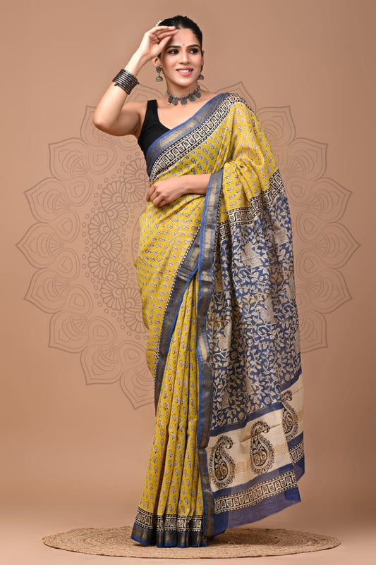 Exclusive Hand Block Printed Maheshwari Silk Saree (SWSRMAH06)