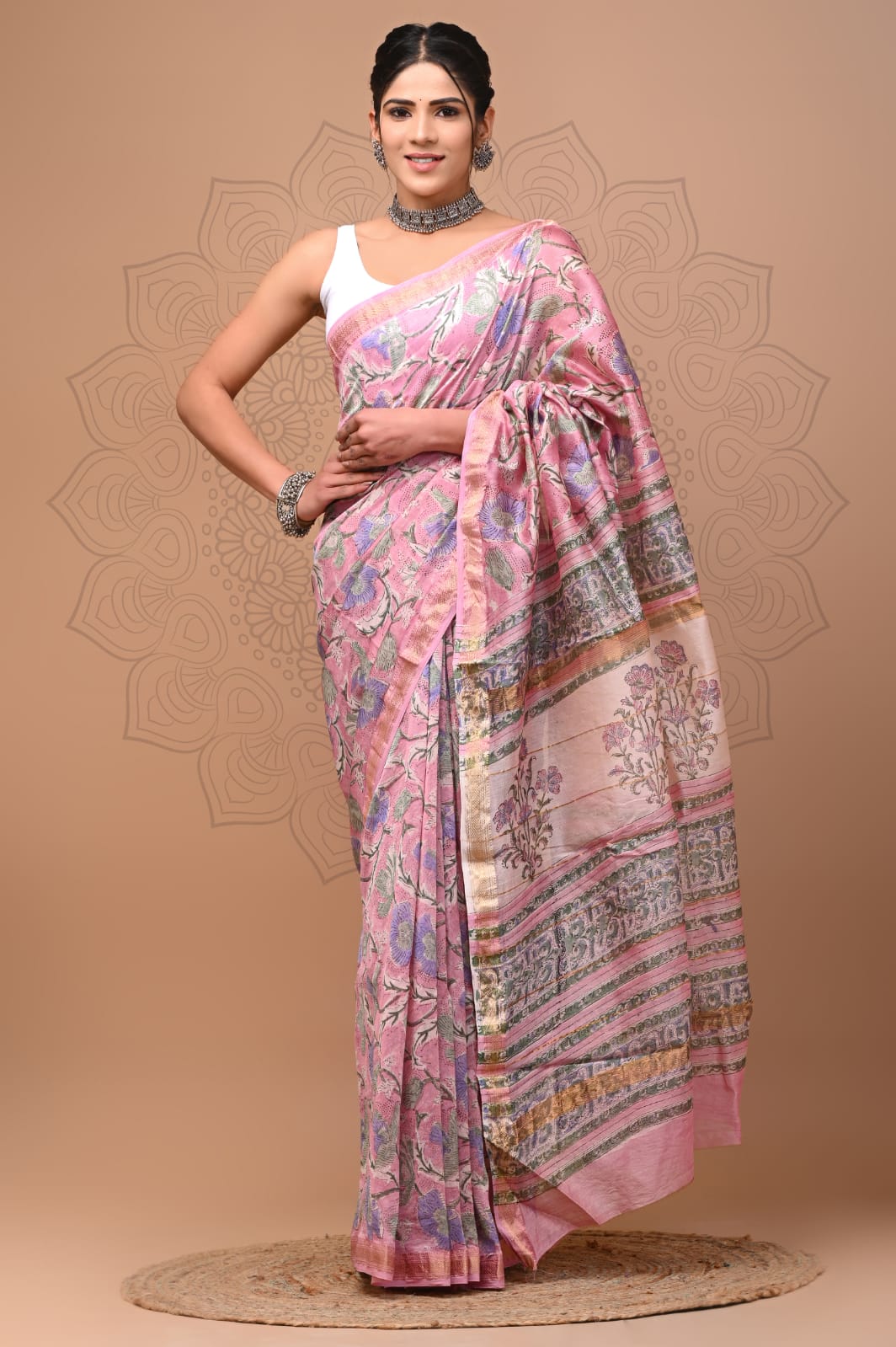 Exclusive Hand Block Printed Maheshwari Silk Saree (SWSRMAH48)