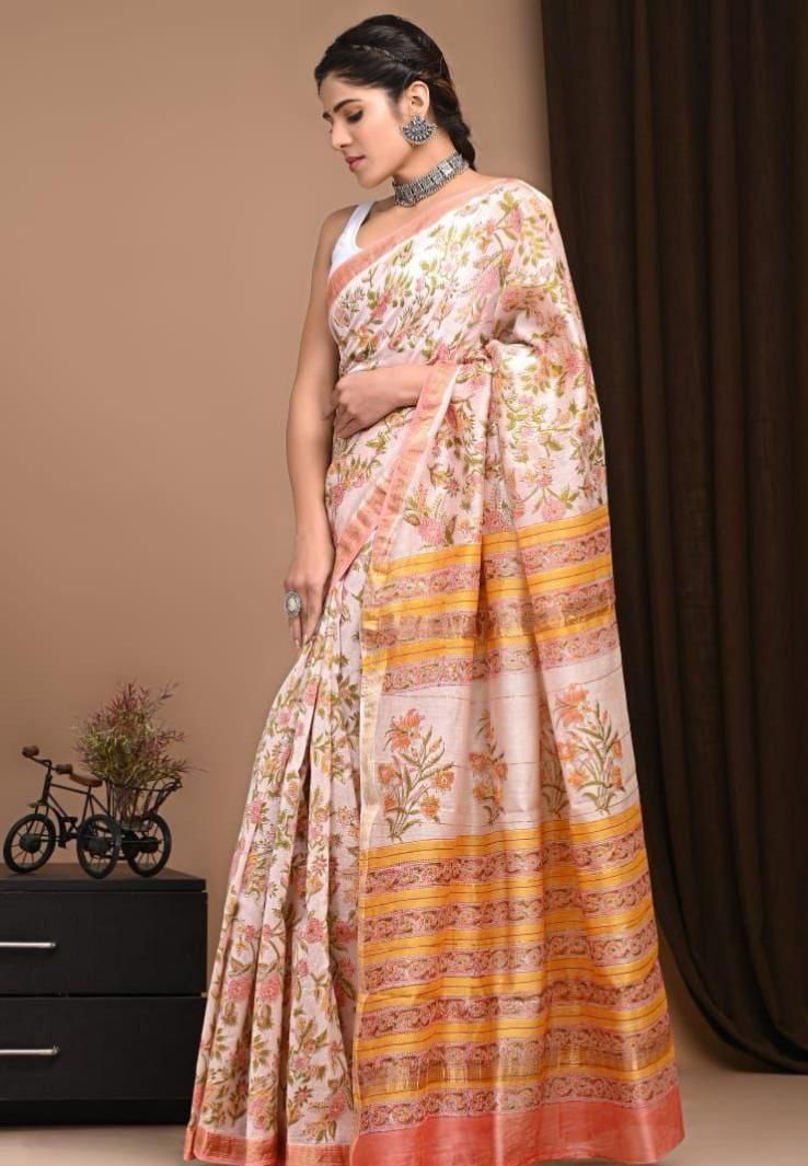 Exclusive Hand Block Printed Maheshwari Silk Saree (SWSRMAH49)