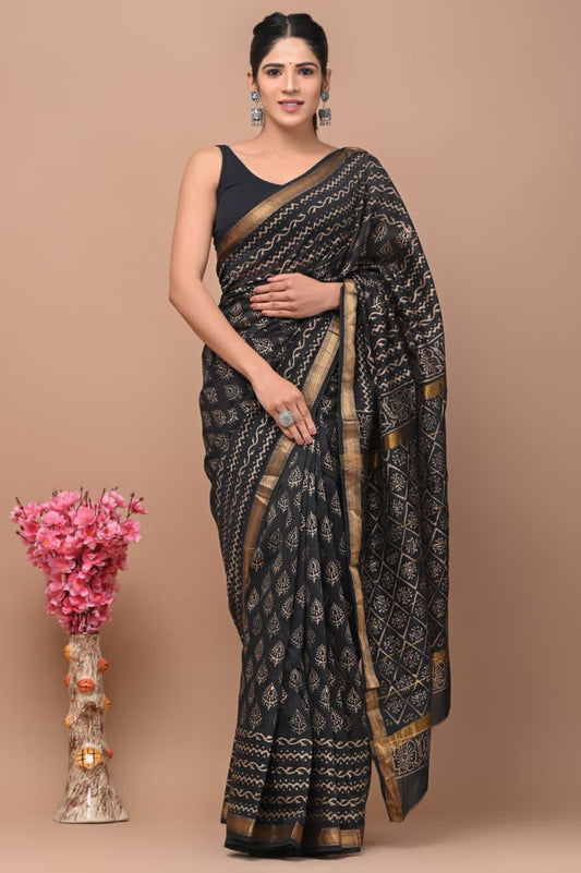 Exclusive Hand Block Printed Maheshwari Silk Saree (SWSRMAH57)