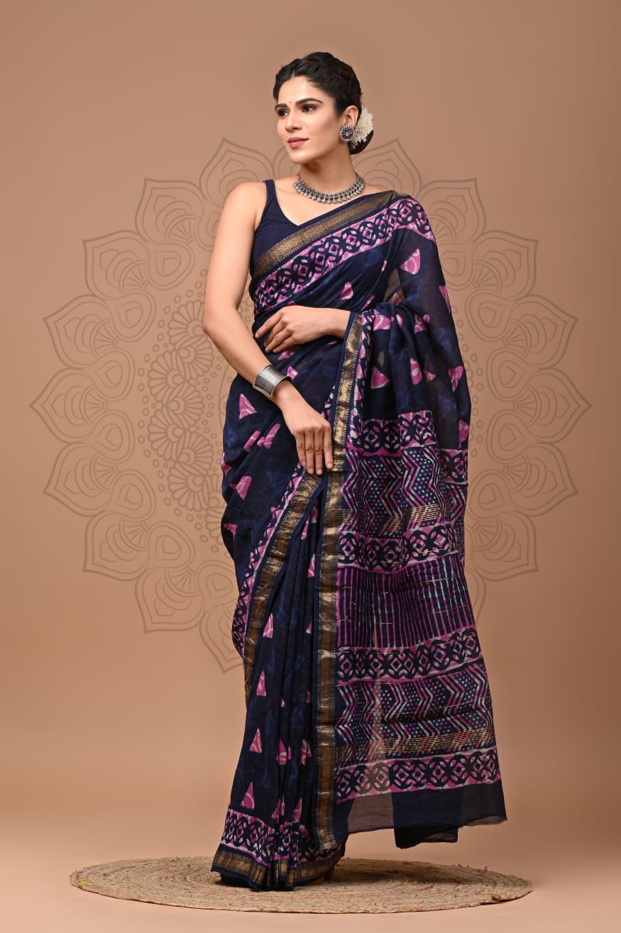 Exclusive Hand Block Printed Maheshwari Silk Saree (SWSRMAH58)