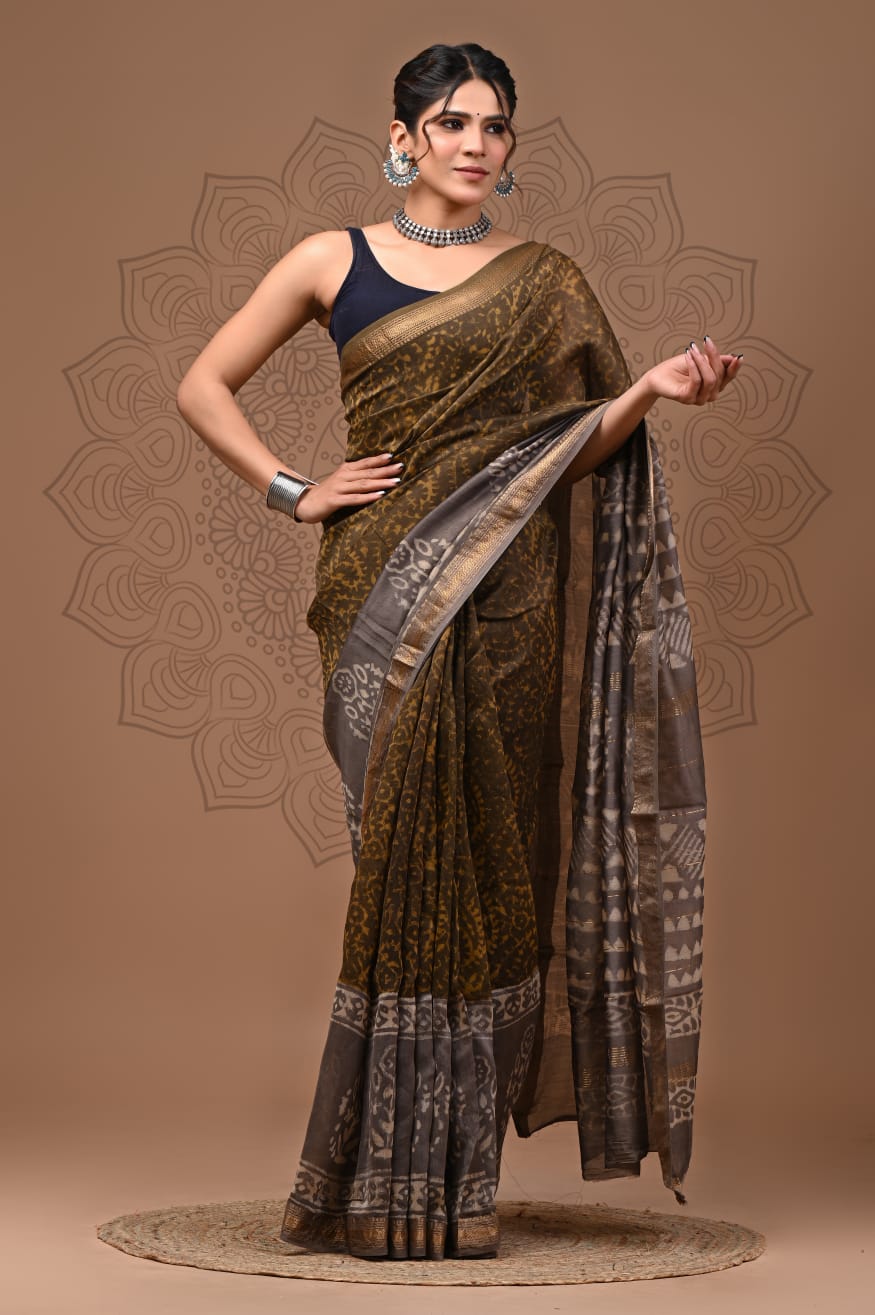 Exclusive Hand Block Printed Maheshwari Silk Saree (SWSRMAH61)