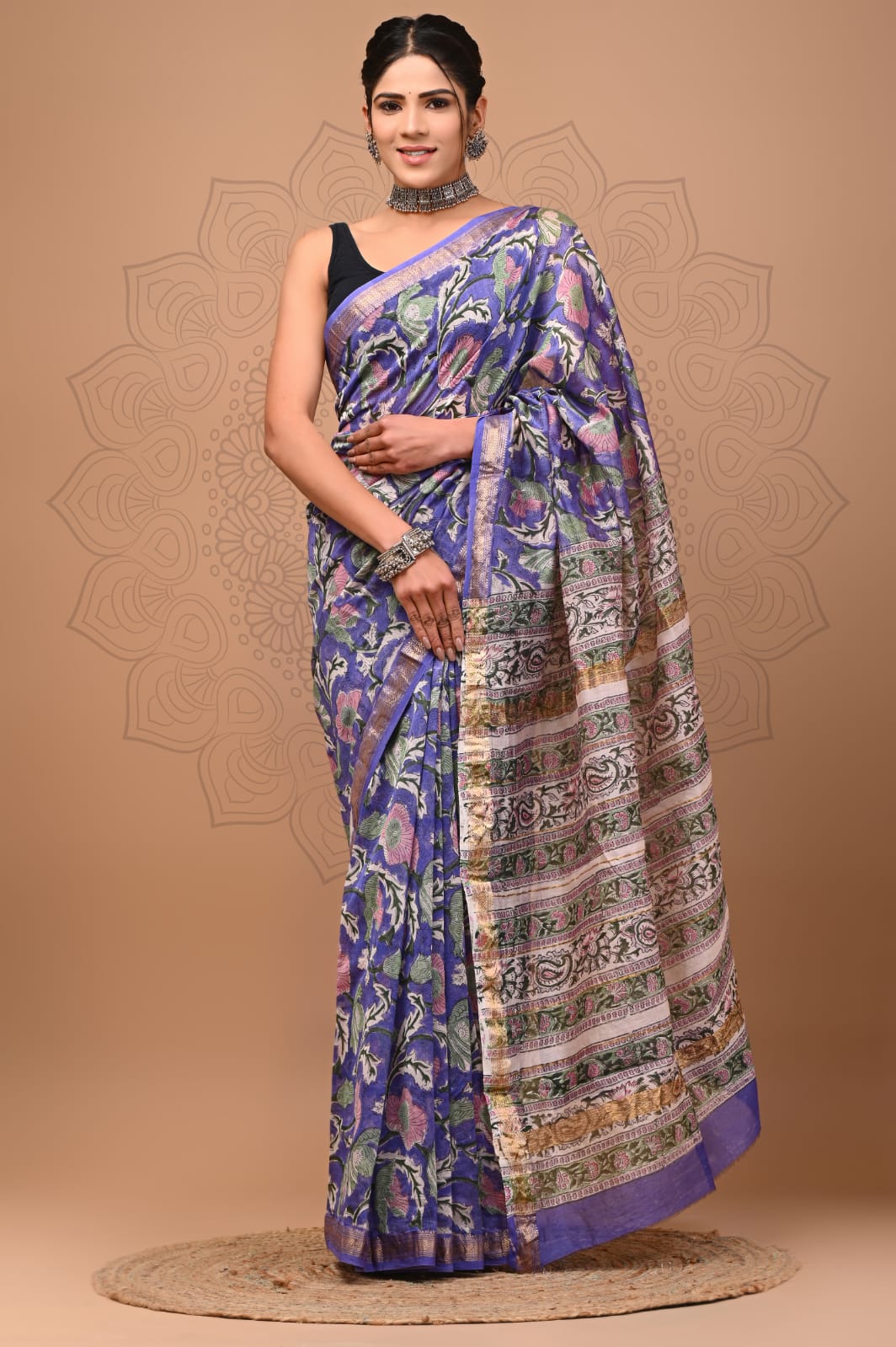 Exclusive Hand Block Printed Maheshwari Silk Saree (SWSRMAH63)