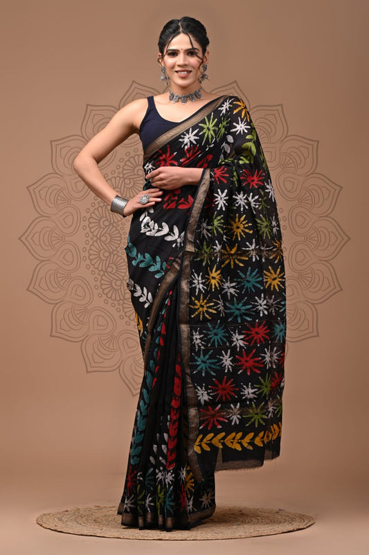 Exclusive Hand Block Printed Maheshwari Silk Saree (SWSRMAH64)