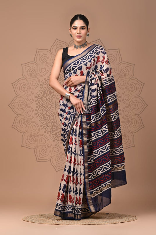 Exclusive Hand Block Printed Maheshwari Silk Saree (SWSRMAH02)