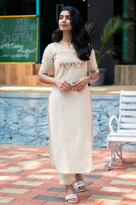 Classy Cotton Flex Off-White Kurta With Embroidered Yoke