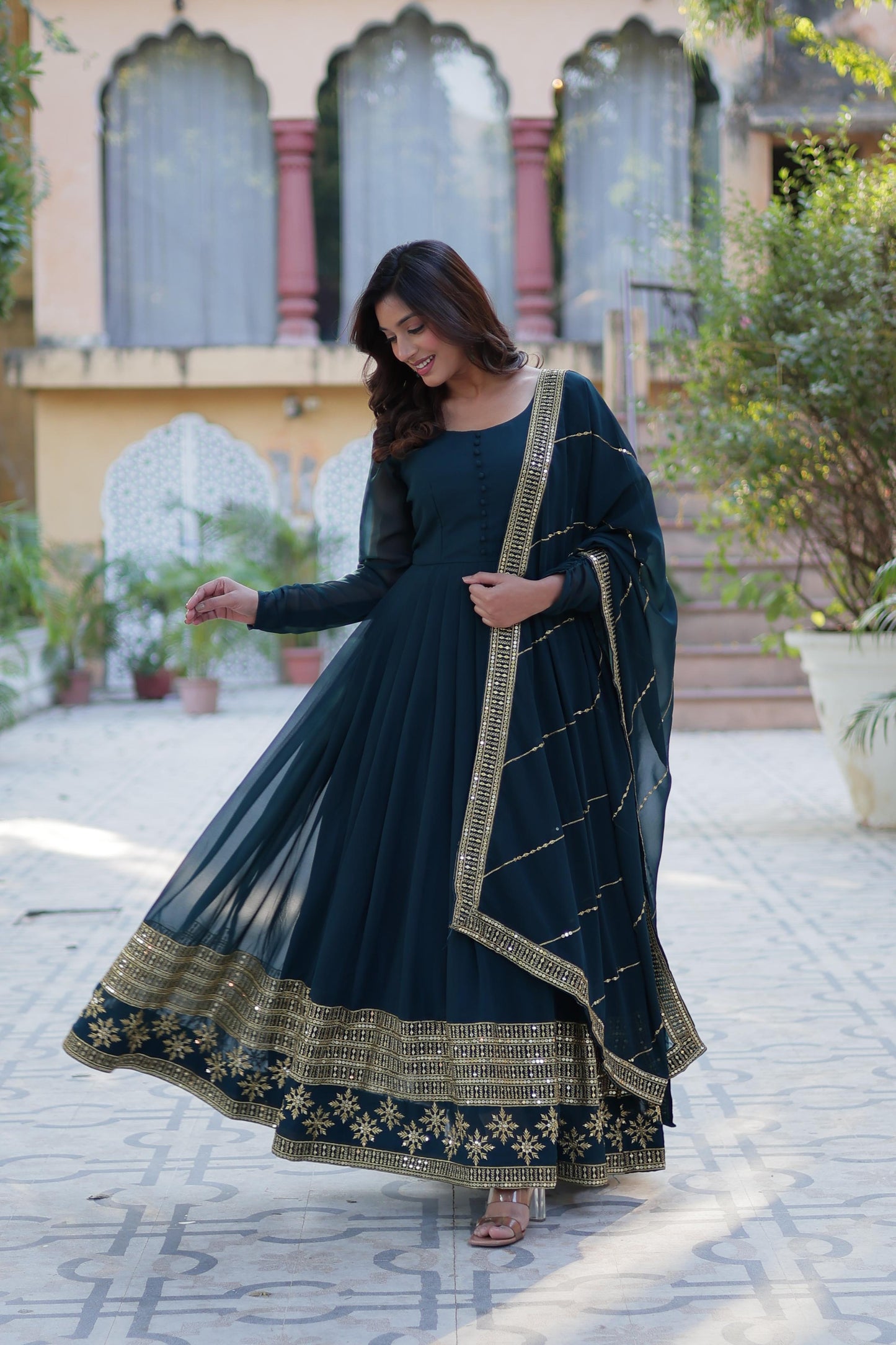 Faux Blooming Gown with Dupatta With Attractive Embroidered work.👗