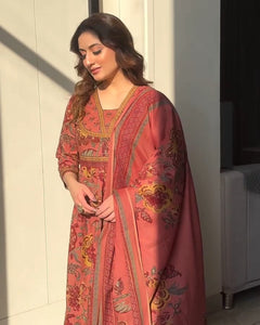 Premium cotton Anarkali suit set with hand work detailing on yoke paired with matching pant and full dupatta.