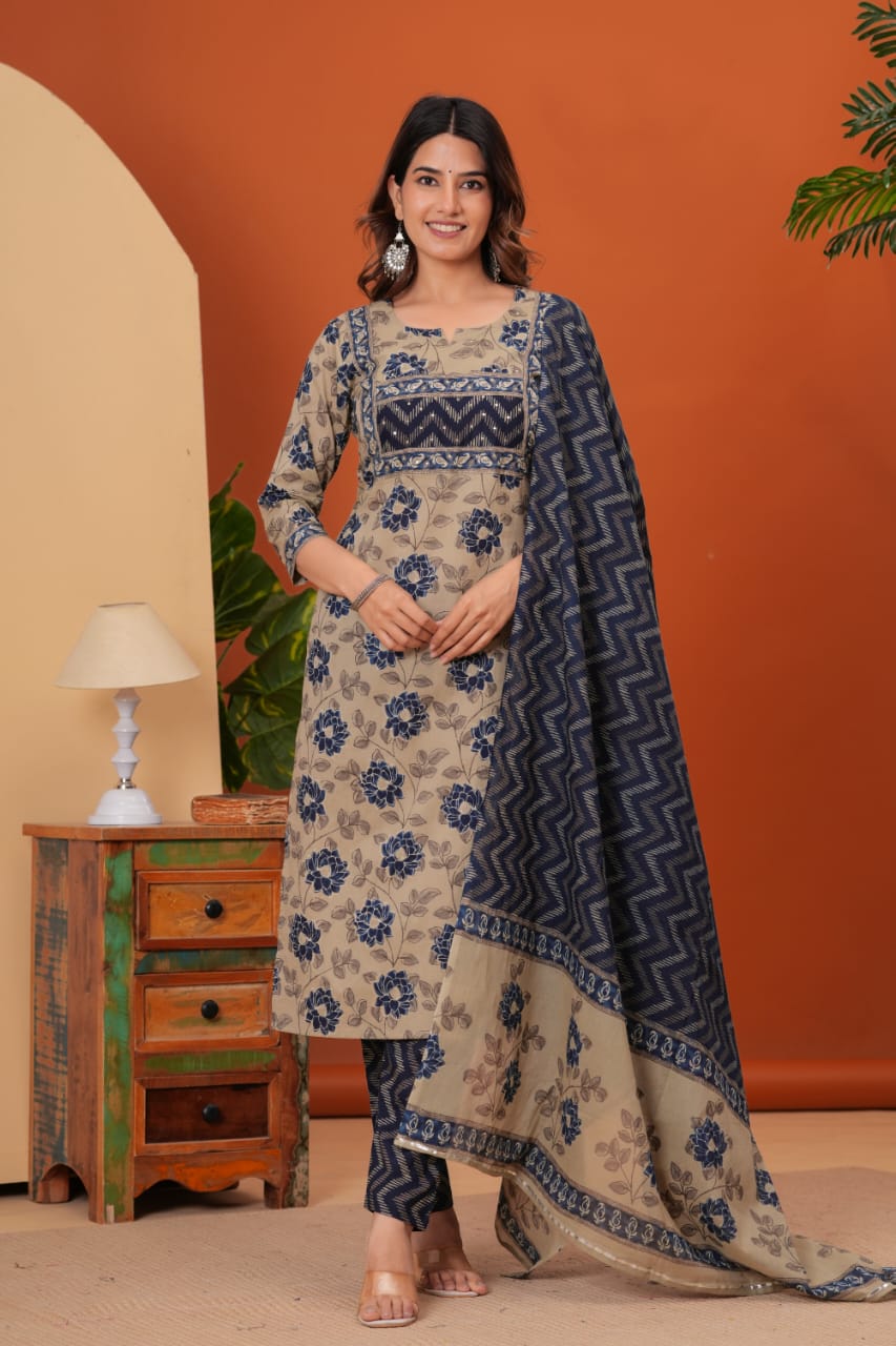 Cotton straight kurti,pant, dupatta sets