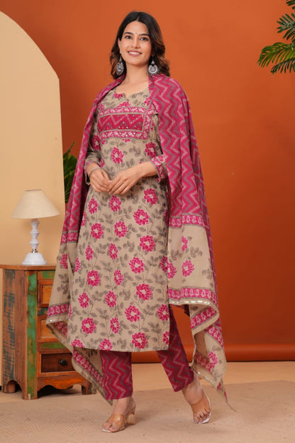 Cotton straight kurti,pant, dupatta sets