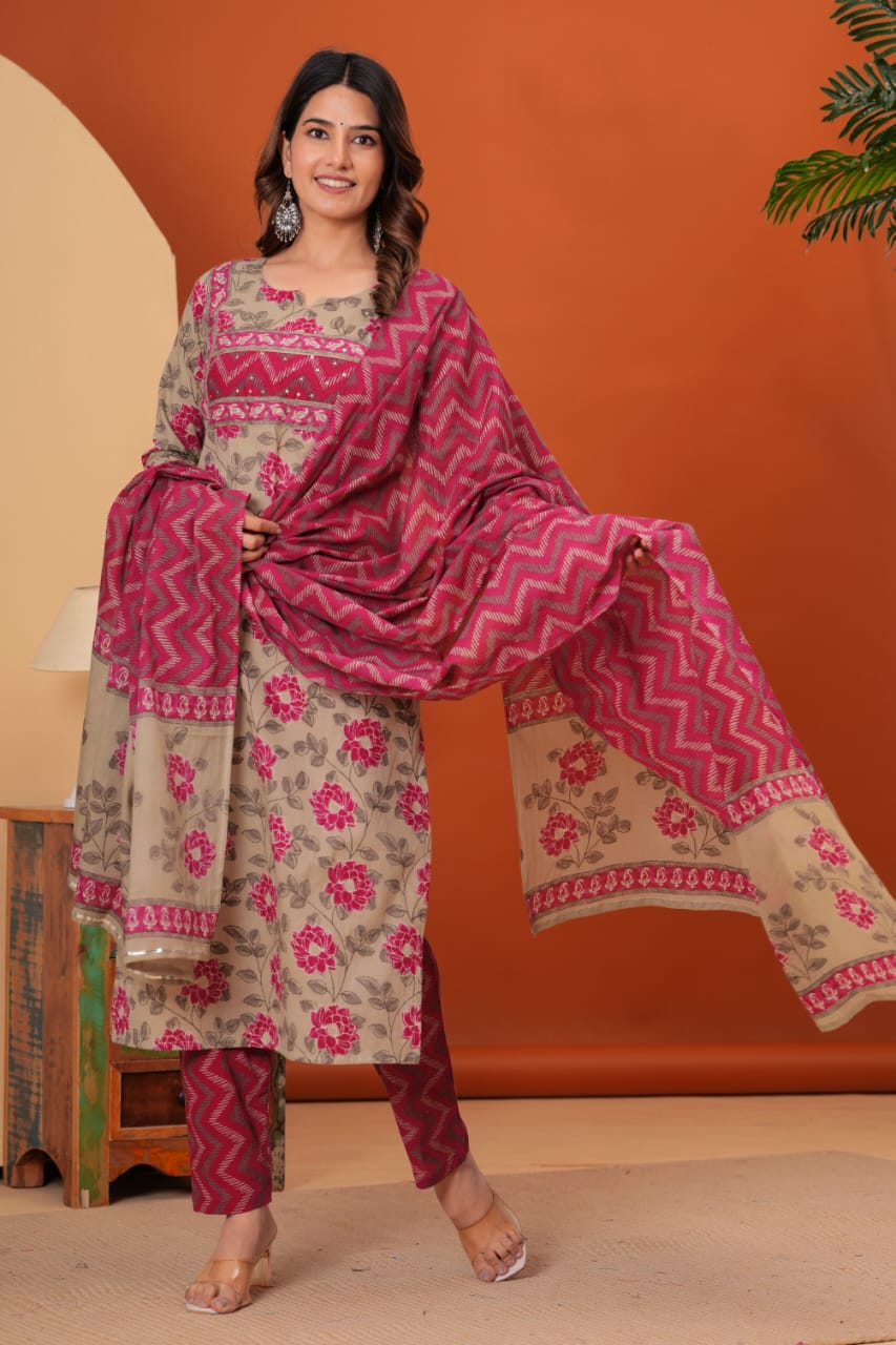 Cotton straight kurti,pant, dupatta sets