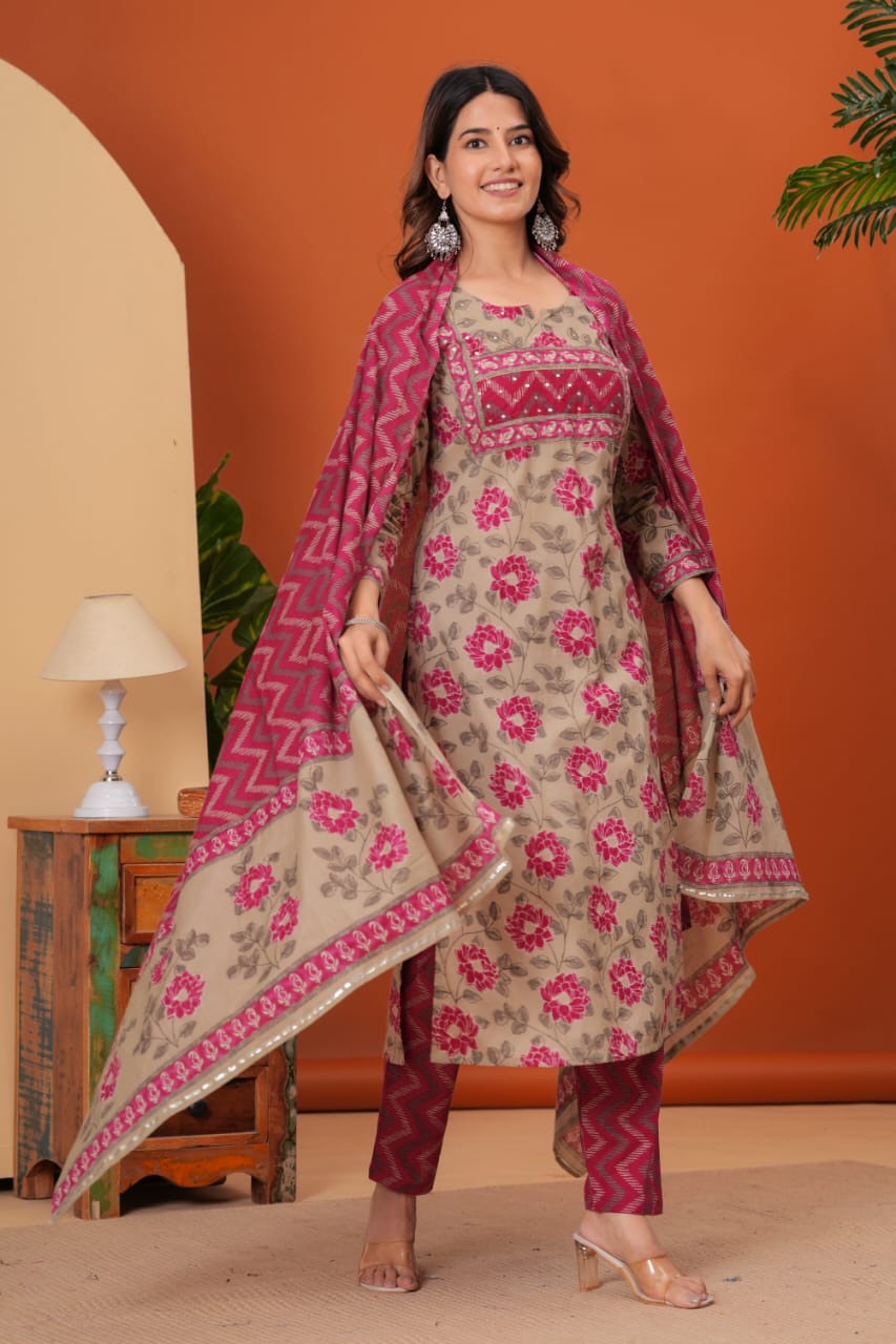 Cotton straight kurti,pant, dupatta sets