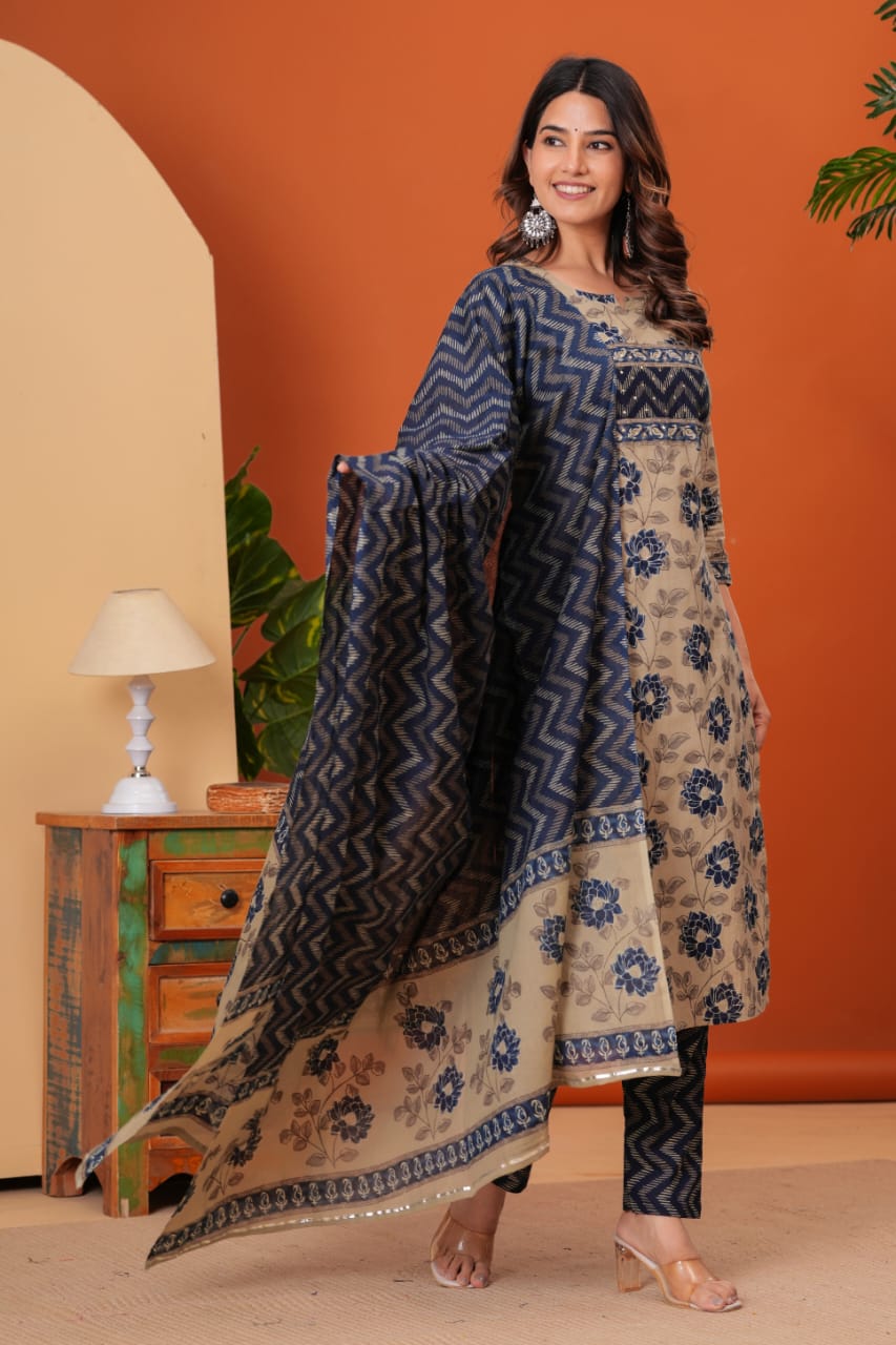 Cotton straight kurti,pant, dupatta sets