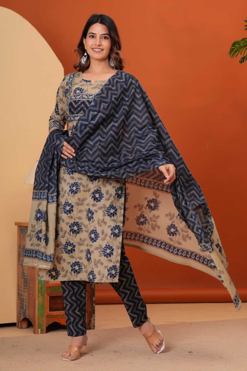 Cotton straight kurti,pant, dupatta sets