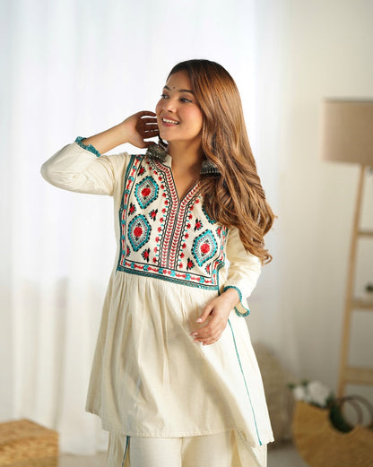 Designer Embroidered Cotton Flex Kurta paired with Freestyle Pants or Palazzo