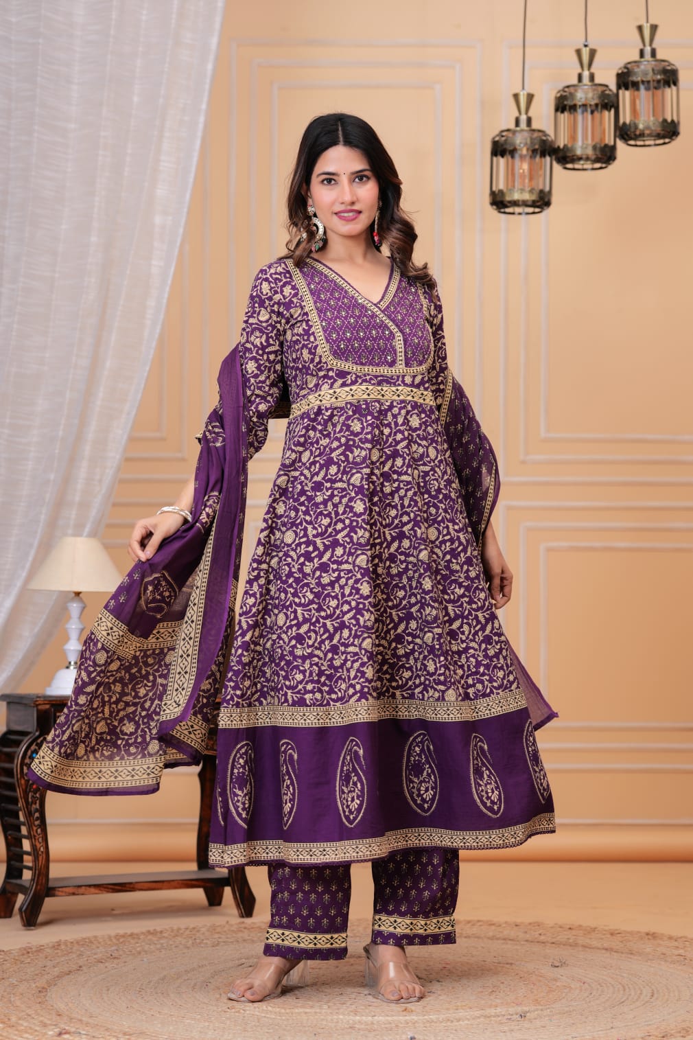 Pure handblocked anarkali full flared kurta with handwork highlights on yoke and waist..