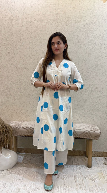 Pure cotton polka dot kurti pant with yoke work