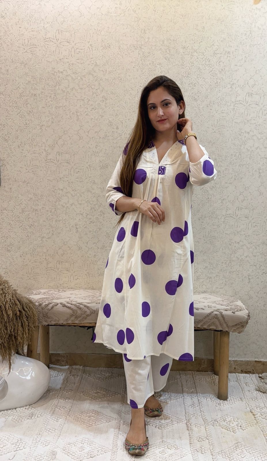 Pure cotton polka dot kurti pant with yoke work