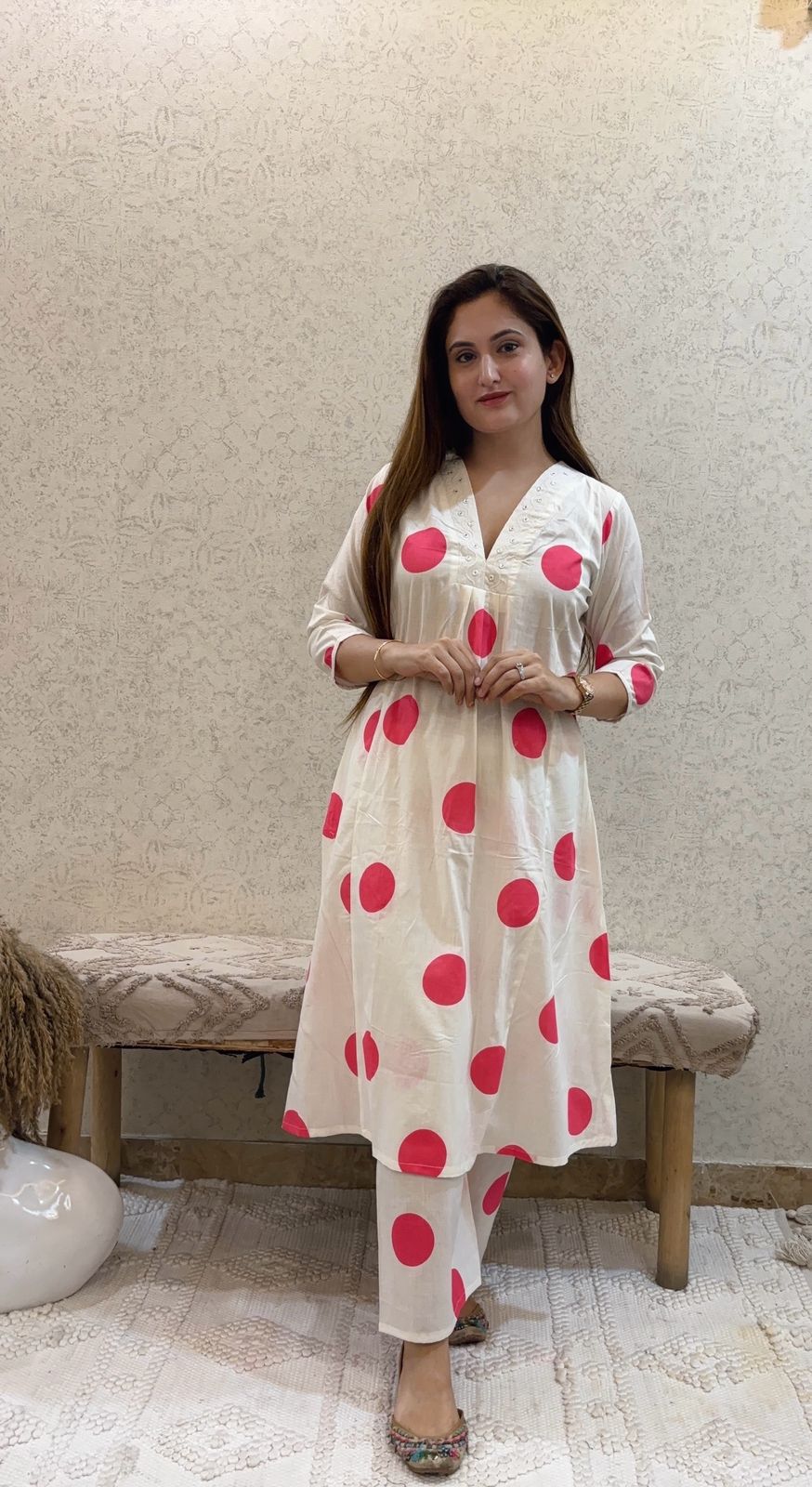 Pure cotton polka dot kurti pant with yoke work