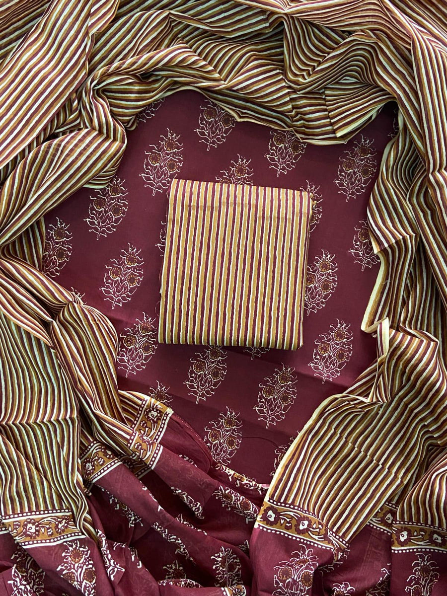 EXCLUSIVE HAND BLOCK PRINT COTTON SUIT SET WITH MULMUL DUPATTA
