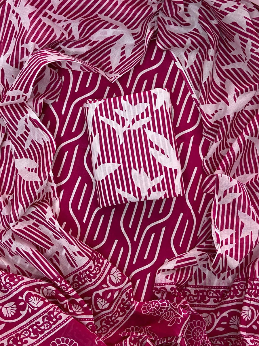 EXCLUSIVE HAND BLOCK PRINT COTTON SUIT SET WITH MULMUL DUPATTA