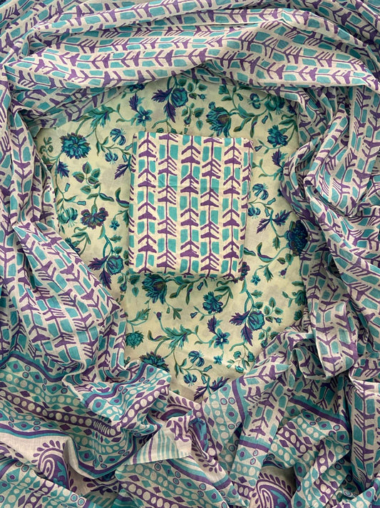 New Hand block printed cotton suit with cotton dupatta