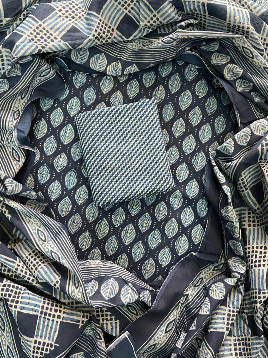 New Hand block printed cotton suit with cotton dupatta