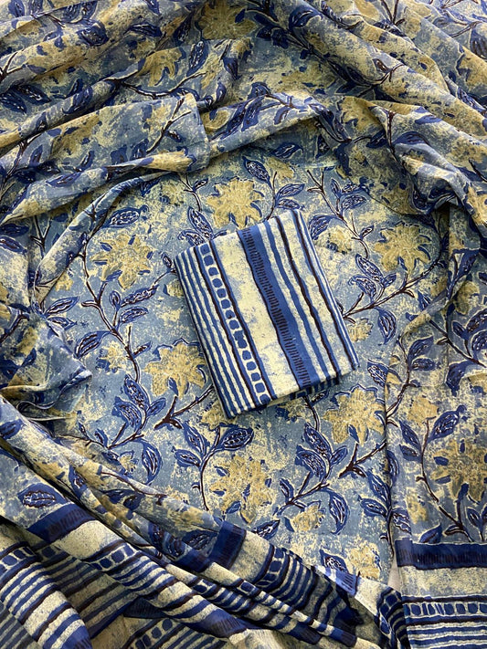 New Hand block printed cotton suit with cotton dupatta