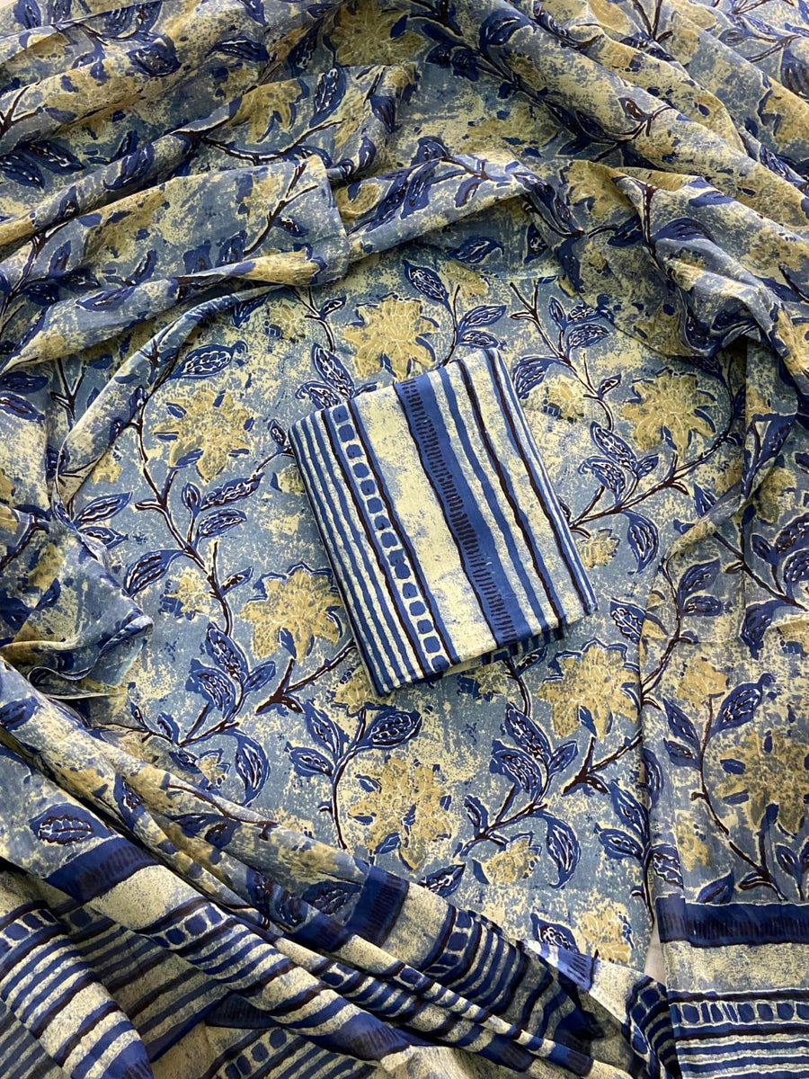 New Hand block printed cotton suit with cotton dupatta