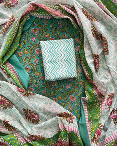 New Hand block printed cotton suit with cotton dupatta