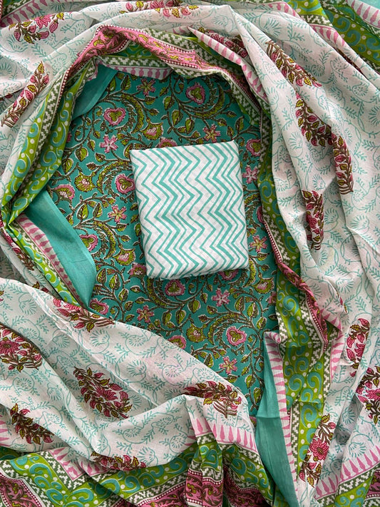 New Hand block printed cotton suit with cotton dupatta