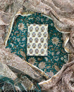 TRADITIOANAL HAND BLOCK PRINT COTTON SUIT SET WITH KOTA DORIA DUPATTA