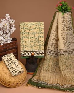 DESIGNER HAND BLOCK PRINT COTTON SUIT SET WITH KOTA DORIA DUPATTA