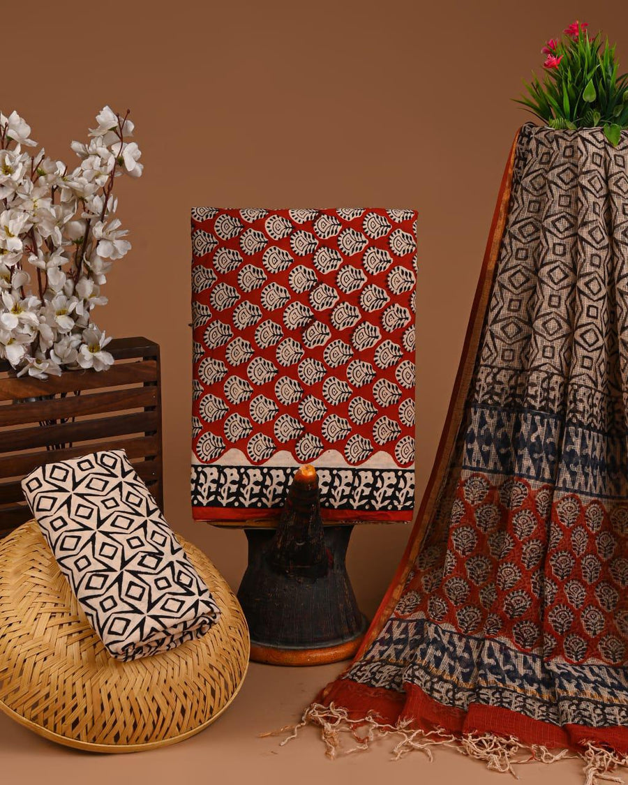 DESIGNER HAND BLOCK PRINT COTTON SUIT SET WITH KOTA DORIA DUPATTA