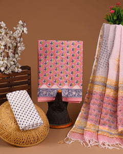 DESIGNER HAND BLOCK PRINT COTTON SUIT SET WITH KOTA DORIA DUPATTA