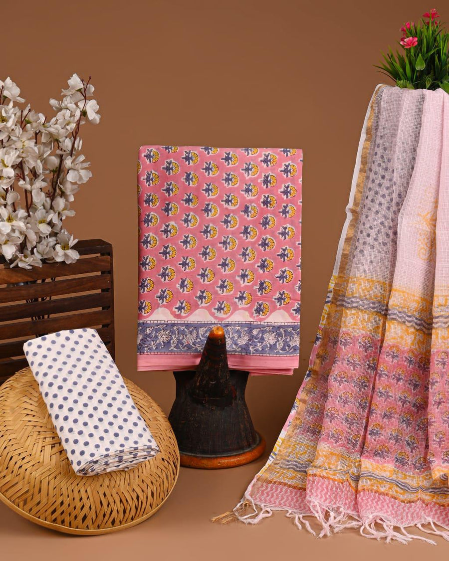 DESIGNER HAND BLOCK PRINT COTTON SUIT SET WITH KOTA DORIA DUPATTA