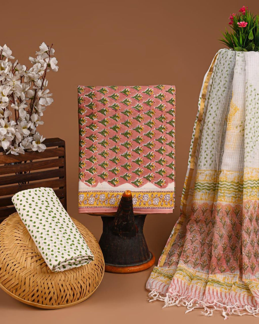 DESIGNER HAND BLOCK PRINT COTTON SUIT SET WITH KOTA DORIA DUPATTA