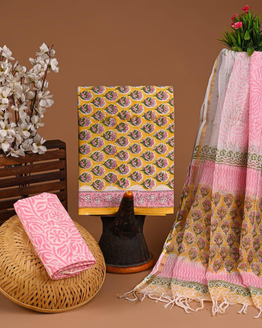 DESIGNER HAND BLOCK PRINT COTTON SUIT SET WITH KOTA DORIA DUPATTA