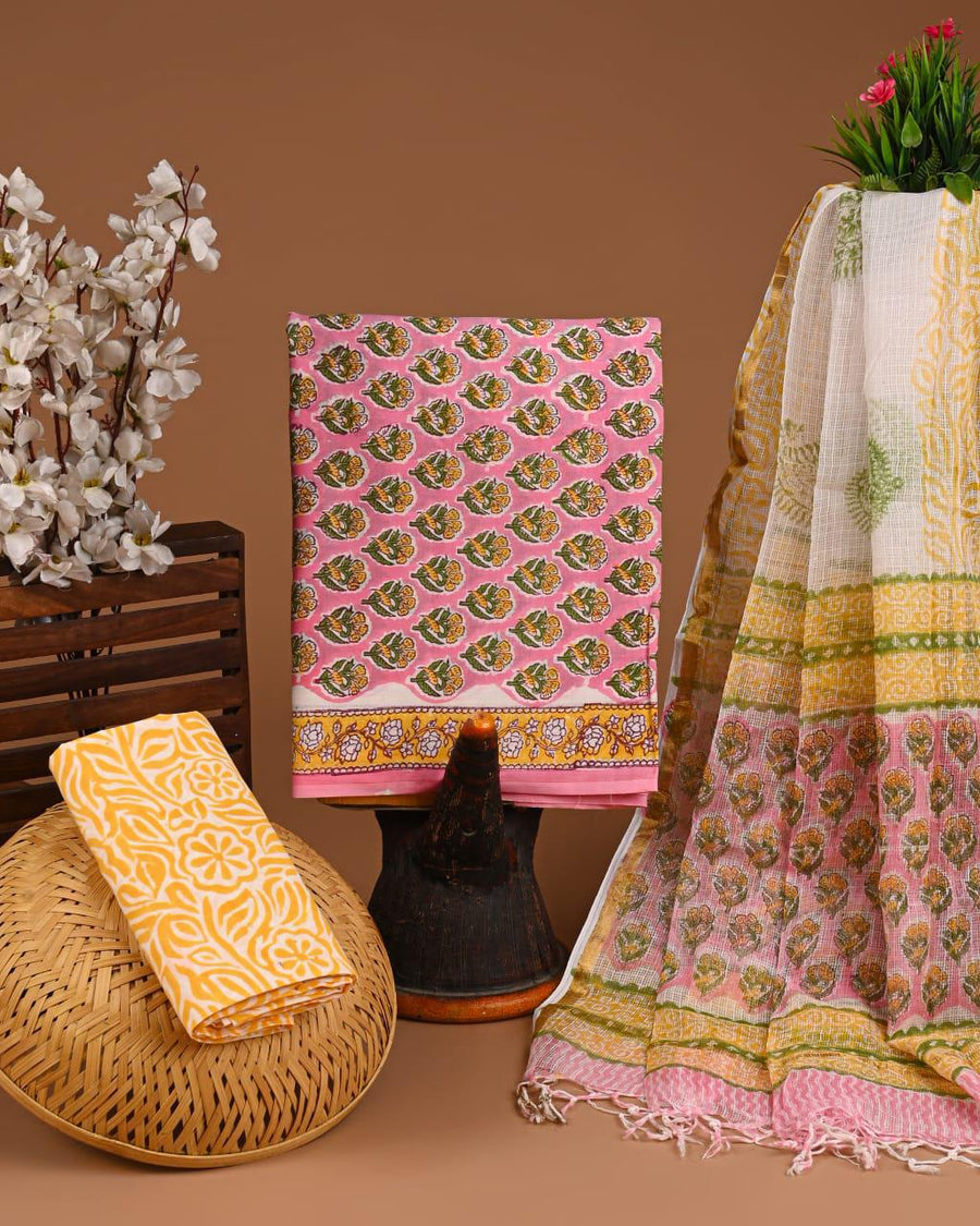 DESIGNER HAND BLOCK PRINT COTTON SUIT SET WITH KOTA DORIA DUPATTA