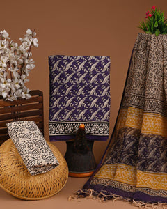 DESIGNER HAND BLOCK PRINT COTTON SUIT SET WITH KOTA DORIA DUPATTA