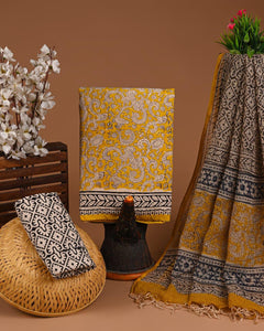 DESIGNER HAND BLOCK PRINT COTTON SUIT SET WITH KOTA DORIA DUPATTA