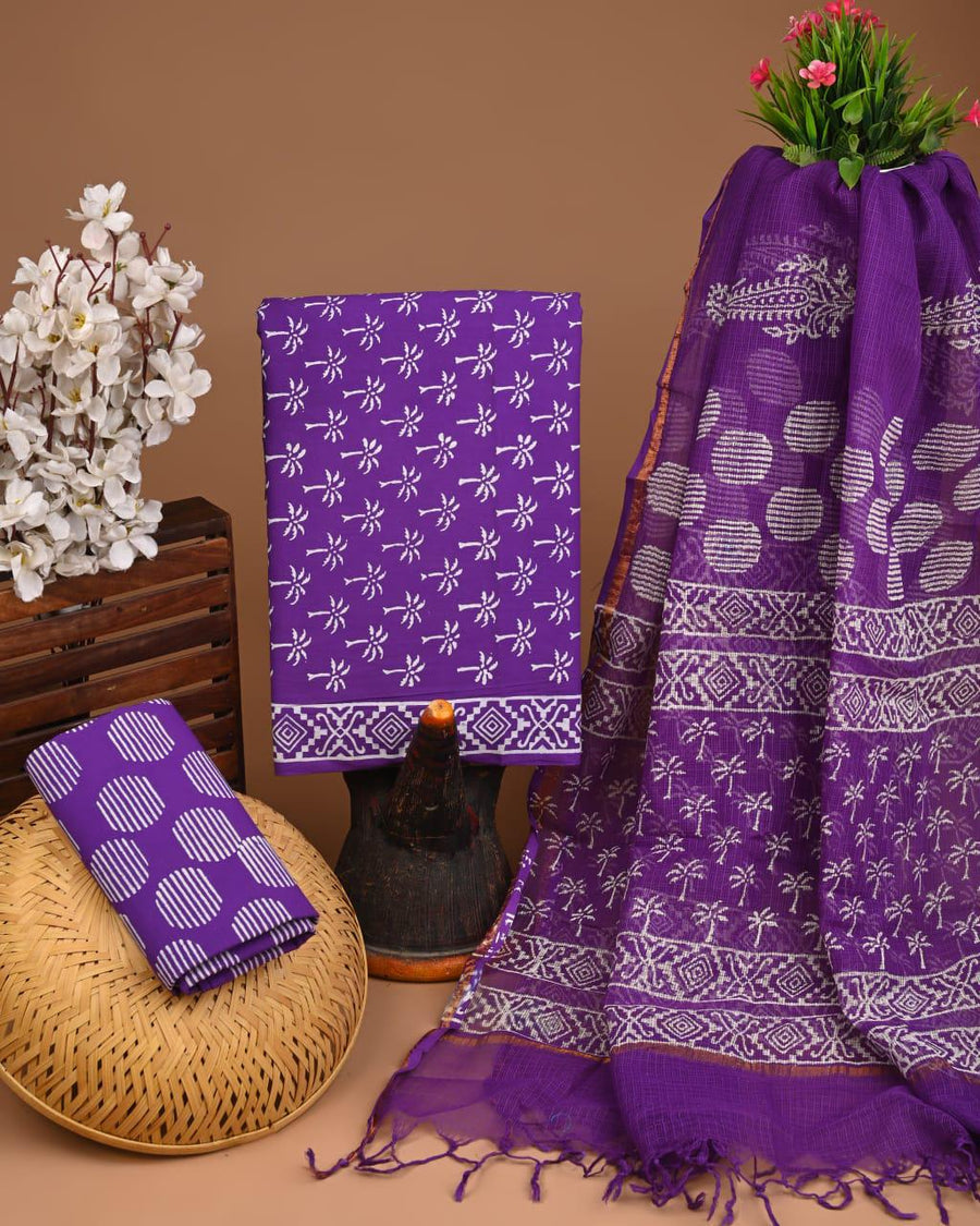 DESIGNER HAND BLOCK PRINT COTTON SUIT SET WITH KOTA DORIA DUPATTA