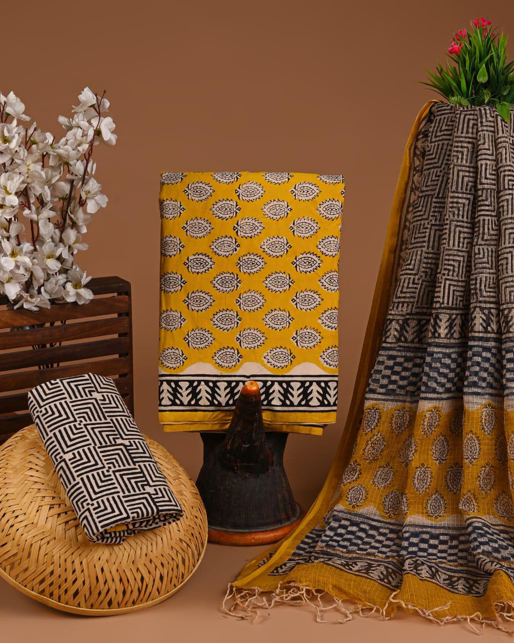 DESIGNER HAND BLOCK PRINT COTTON SUIT SET WITH KOTA DORIA DUPATTA
