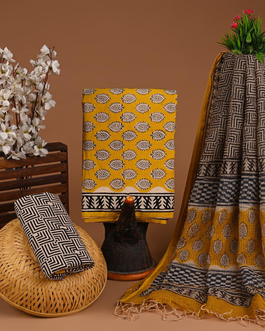 DESIGNER HAND BLOCK PRINT COTTON SUIT SET WITH KOTA DORIA DUPATTA