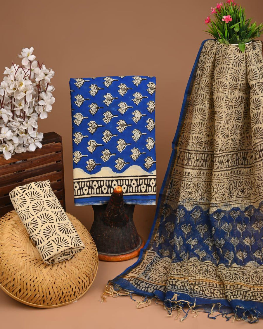 DESIGNER HAND BLOCK PRINT COTTON SUIT SET WITH KOTA DORIA DUPATTA